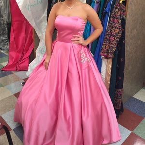 Pink satin Prom dress with jeweled pockets